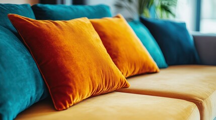 Velvet couch displays decorative pillows, golden, orange, turquoise shades evoke home comfort, interior design style.