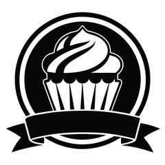Cupcake Silhouette with Swirl Frosting Topping and Ribbon Banner. Black and White