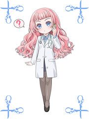 スマホで電話をかけるピンク髪のアニメ風女性医師。アンティークなハサミのコーナー飾り罫つき