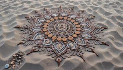 Sand Mandala: A captivating sand mandala in stunning detail, artfully crafted with precision and patience on a sandy surface.