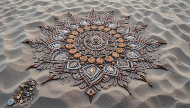 Sand Mandala: A captivating sand mandala in stunning detail, artfully crafted with precision and patience on a sandy surface.