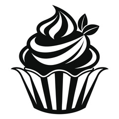 Simplified Cupcake Icon with Creamy Frosting and Mint Leaves in Black and White Design
