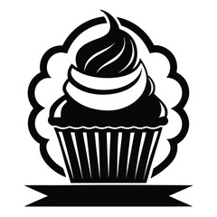 Cupcake Silhouette Design Black and White Treat with Decorative Border & Banner Element