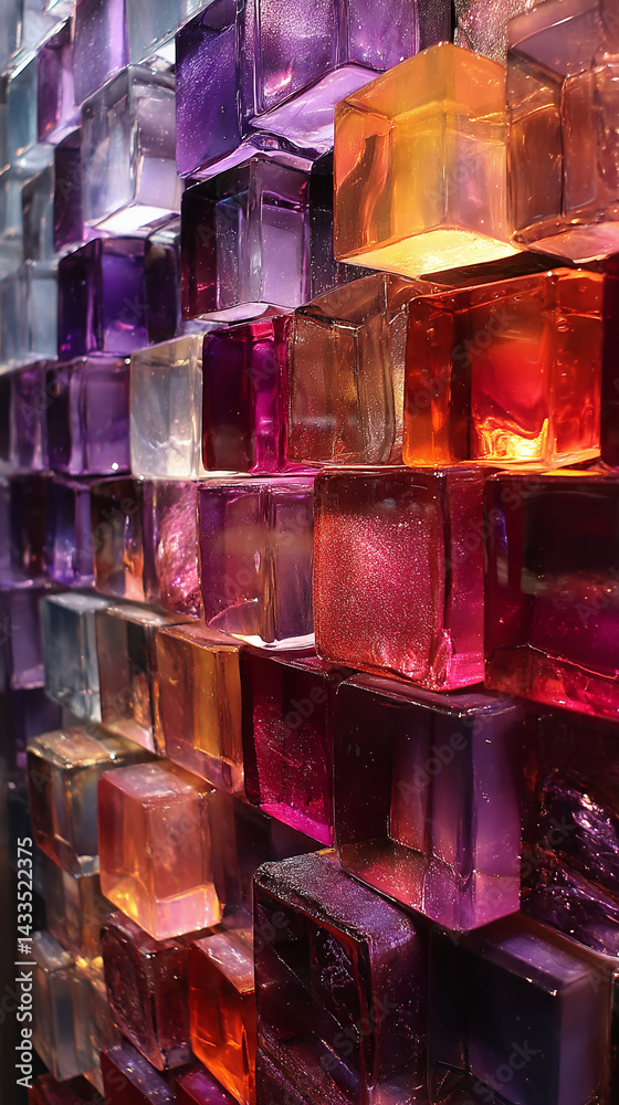 Poster close-up of multicolored glass cubes, creating a textured and vibrant background, showcasing depth a
