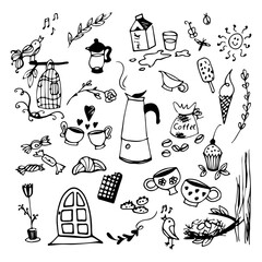Obraz premium Doodle set with coffee, desserts and cozy home kitchen items