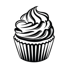 Cupcake with Swirl Icing and Paper Cup, Black and White Silhouette Style Design