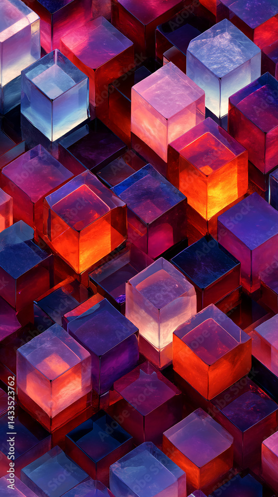 Poster Abstract image of colorful translucent cubes, arranged in a dynamic pattern, showcasing a vibrant and modern aesthetic, ideal for digital design or technological concepts