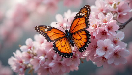Naklejka premium Blossom and Butterfly: A vibrant butterfly, its wings adorned with intricate patterns, rests gracefully upon a branch of delicate cherry blossoms, embodying the beauty of nature.