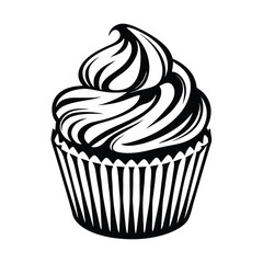Elegant Cupcake Silhouette Black and White Dessert Icon with Swirls and Detailed Liner