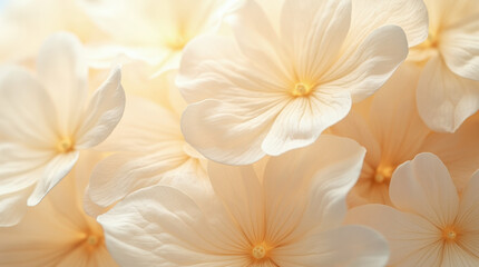 A wide-format macro abstract of beige petals and transparent leaves, with fine veins and natural textures, in a soft, neutral botanical style.

