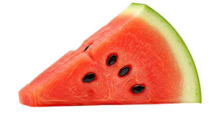 Close up of a slice of watermelon with black seeds and green rind on a black background showing the fruit
