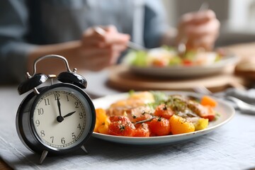 Healthy Meal Timing Alarm Clock and Delicious Food Plate