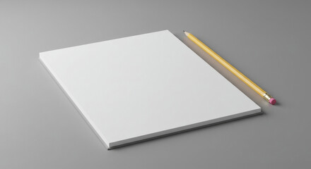Blank notebook with pencil resting beside it on a gray surface. Modern, minimalist design mockup for stationery or branding purposes.