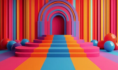 Colorful Geometric Background with Rainbow Arch and Colorful Balls