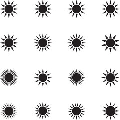 Sixteen Simple Black Sun Icons on White Background