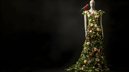 Floral Embellished Gown With Parrot On Mannequin