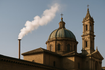 White smoke rises from a chapel chimney in the Vatican, set against a blue sky, marking the election of a new pope in a globally recognized religious tradition.