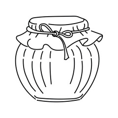 Vintage tableware for cherry jam with fabric lid. Outline jar for strawberry jam or marmalade or designe scrapbook. Vector background with glass jars in doodle style.