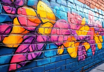 A brick wall painted with an abstract colorful mural in red, yellow, blue, and purple, with irregular shapes, set against a weathered brick background, creating a street art atmosphere.