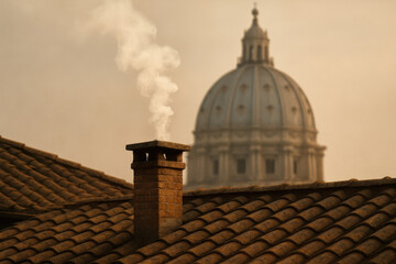 White smoke rises from a chapel chimney in the Vatican, set against a blue sky, marking the election of a new pope in a globally recognized religious tradition.


