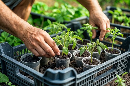 woman planting seedlings in cups concept femme plantant des semis dans des coupes concept mujer plantando plantones en tazas concepto