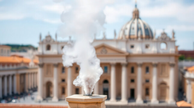 White smoke billows from a chapel chimney against the Vatican&rsquo;s historic architecture and a clear sky, symbolizing the election of a new pope in a solemn, iconic scene.

