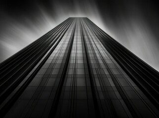A large skyscraper stretches towards the bright and dynamic sky above