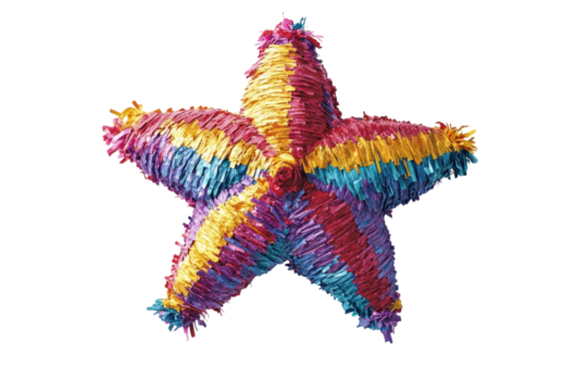 Vibrant star shaped pi ata ready for a festive party bursting with colorful papel picado and ready for a on transparent background