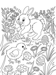 easter bunny with easter eggs black and white coloring page 