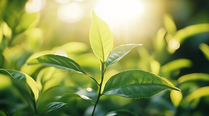 Obraz premium Green tea leaves illuminated by sunlight, with a blurred tea plantation background, depicting a natural and fresh agricultural scene.