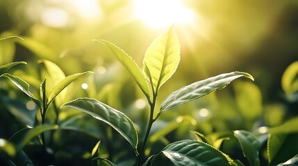 Obraz premium Green tea leaves illuminated by sunlight, with a blurred tea plantation background, depicting a natural and fresh agricultural scene.