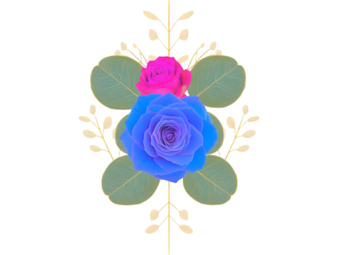 Floral Illustration Of Two Roses With Leaves And Golden Elements On Black Isolated Background