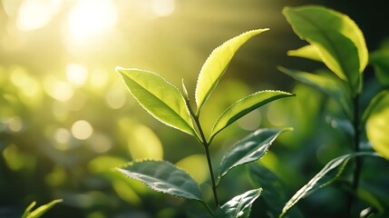 Obraz premium Green tea leaves illuminated by sunlight, with a blurred tea plantation background, depicting a natural and fresh agricultural scene.