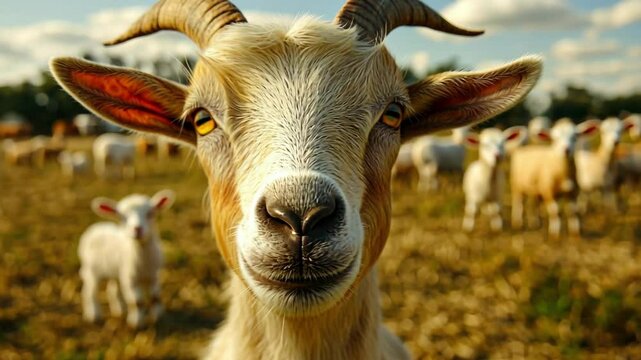Curious goat standing in sunny field among flock of sheep. Eid al-Adha Mubarak. Kurban Bayram