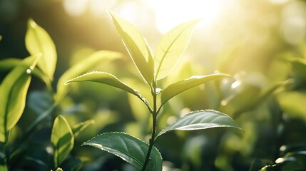 Obraz premium Green tea leaves illuminated by sunlight, with a blurred tea plantation background, depicting a natural and fresh agricultural scene.