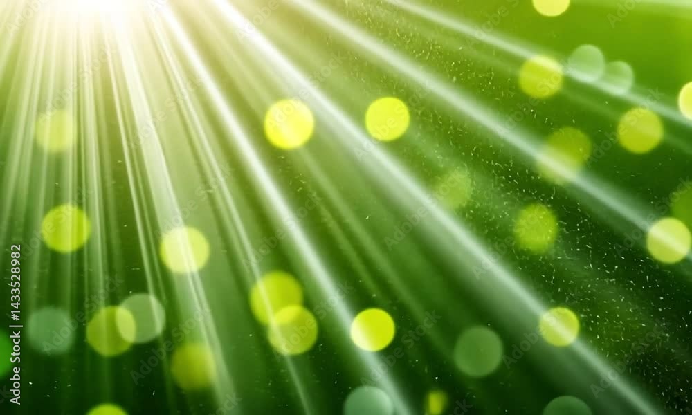 Poster rays of light and glowing particles burst outward from a central point on a green background creatin