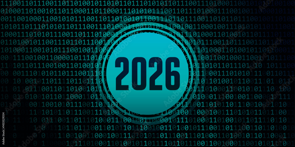 Poster 2026 number on digital binary code background vector illustration