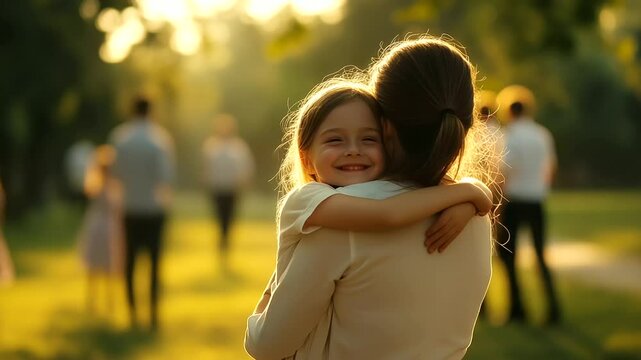 A little girl hugs her mother, a soldier, tightly in a park, her face glowing with joy and relief. The warm sunlight and tender moment reflect the love and unity of a military fami