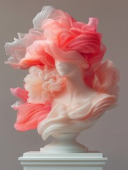 Beauty and grace captured in a stunning pink and white sculpture of a woman with flowing hair and floral elements