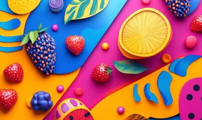 Colorful Fruit and Tropical Leaf Patterns on Vibrant Background