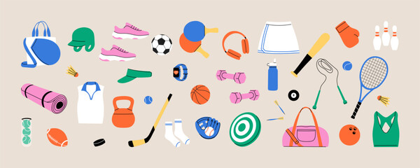 Flat sport equipment and accessories vector set &ndash; fitness gear, gym items, balls, rackets, shoes, bags, minimal style illustration for workout, training, active lifestyle design