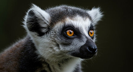 Obraz premium Ring-tailed lemur close-up portrait in zoo exhibit. Animal details and watchful gaze against dark backdrop. Wildlife photographer with zoological park. Madagascar -