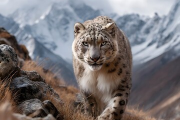 Fototapeta premium Majestic Snow Leopard in Mountainous Habitat Wild Cat Nature Wildlife Animal