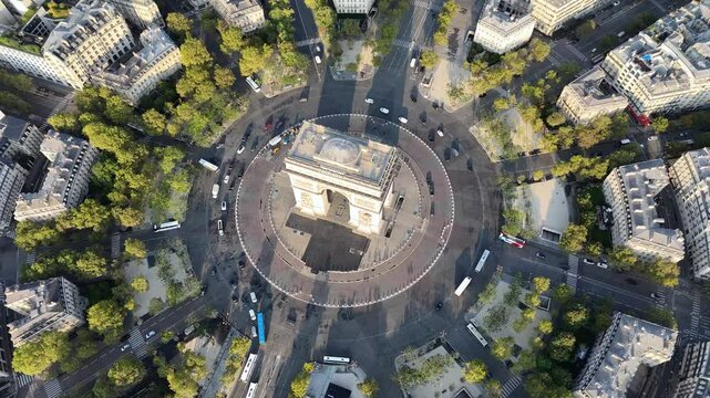 Drone view of Place Charles de Gaulle, large road junction in Paris, France