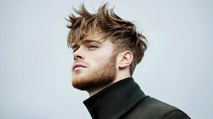 Obraz premium Close Up Portrait of a Young Man with Brown Hair and Beard Gazing Upwards with Serious Expression in Outdoor Lighting