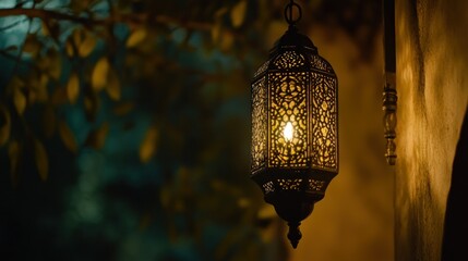 An ornate lantern hanging with a lit candle illuminating the scene