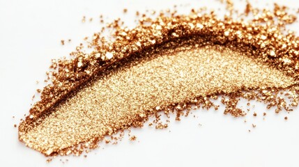 Golden eyeshadow swatch glistens, spreading shimmering particles creating illuminating effect on surface.