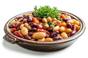 Dried beans in casserole, isolated on plate, white background. AI generated illustration.