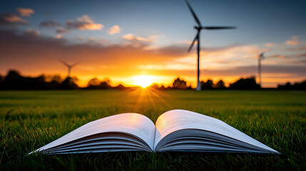 Windmill emerges from open book on sustainability, symbolizing bright future. sunset casts warm glow over landscape