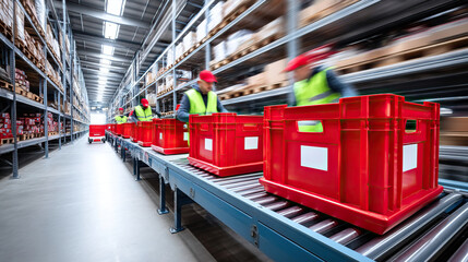 Efficient warehouse automation system with robotic pickers and workers handling red crates. scene showcases productivity